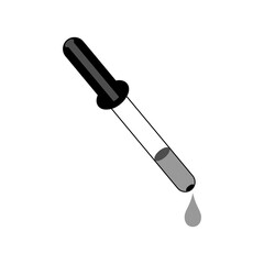 Glass dropper filled with liquid is poised to release a drop on a white background