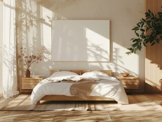 A white bed with a brown blanket on it. A white framed picture on the wall. A potted plant on the right side of the bed
