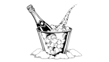 champagne in an ice bucket line art color sketch engraving PNG illustration. T-shirt apparel print design. Scratch board imitation. Black and white hand drawn image, Diffused lighting. isolated with