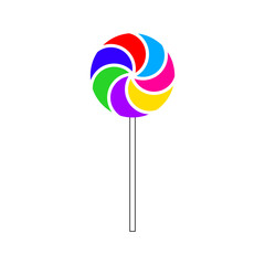 Colorful spiral lollipop on a stick with vibrant design and playful hues