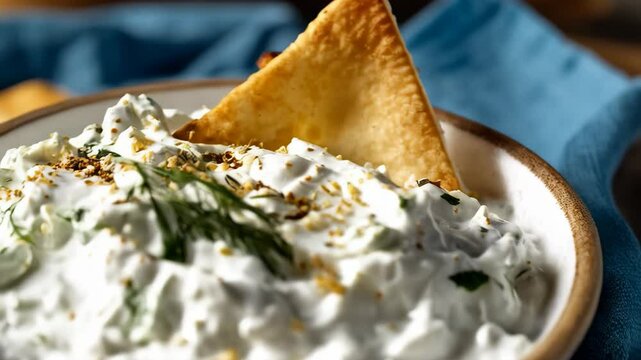 Bowl of creamy cucumber yogurt dip with pita chip garnish and dill sprig for a fresh, healthy appetizer on rustic wood table.