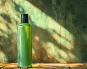 A green eco-friendly shampoo bottle standing upright on a wood-textured surface, soft natural shadows and ample negative space 