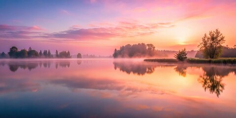 Obraz premium Misty pink sunrise casting a tranquil glow over a serene lake