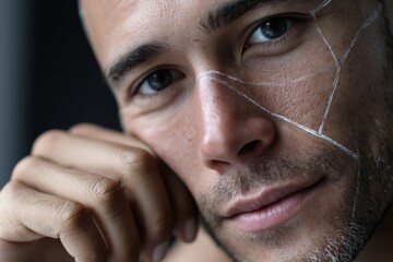 Obraz premium An intimate close-up of a man's face with distinct lines and textures, prompting a reflection on life experiences, resilience, and the intricacies of human emotion.