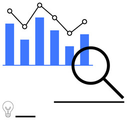 Bar graph with trend line and magnifier conveys data analysis, light bulb for innovation. Ideal for business, research, statistics, analytics, insight, strategy, simple landing page