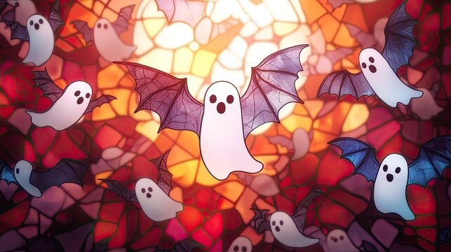 Spooky ghosts and bats in stained-glass style