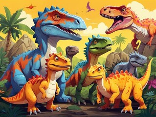 Obraz premium Group of Various Prehistoric Dinosaurs in a Lush Ancient Landscape
