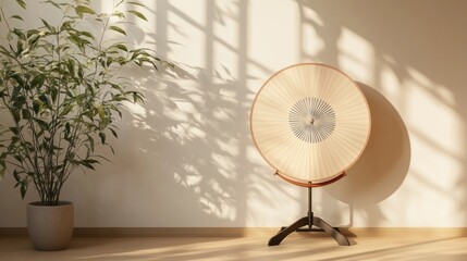 Sunlit Room with Standing Bamboo Fan and Potted Plant
