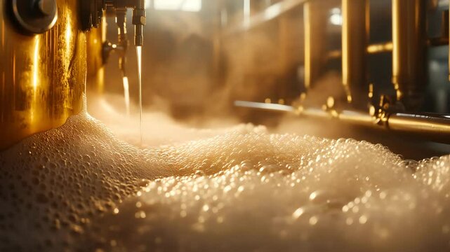 overflowing craft beer in warm brewery light, overflowing craft beer with golden steam, overflowing craft beer spilling gently in cinematic frame