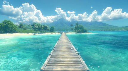 Obraz premium Serene Tropical Paradise: Wooden Pier Leading to a Picturesque Island