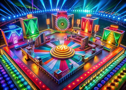 Aerial View: Vibrant Game Show Set, High-Energy Competition