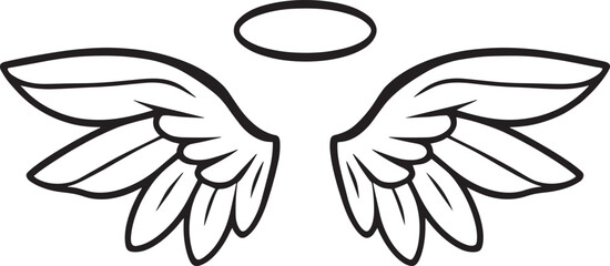 Outline icon of angel wings with halo representing purity and spiritual concept