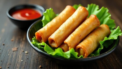 Crispy golden spring rolls, vibrant green lettuce, dipping sauce, golden, appetizer