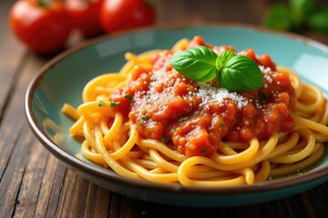 Delectable Italian pasta dish, vibrant tomato sauce , delicious, rustic, studio
