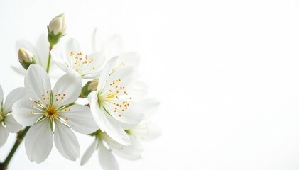 Fototapeta premium Delicate white flower blossoms on pure white background, flowering, innocence, blossom