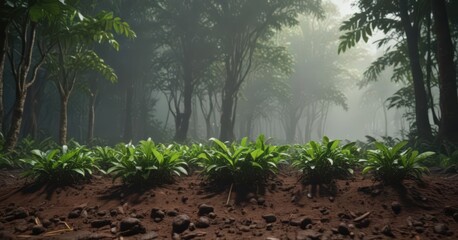 Coffee plantlets pushing through dark earth, surrounded by lush tropical vegetation ,  growth,  plant,  rainforest