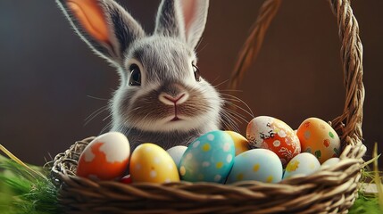 Adorable Easter Bunny in Basket with Colorful Decorated Eggs Spring Holiday Festive Cute Rabbit Wildlife Animal Photography Easter Decorations Pastel Colors Happy Easter Bunny     