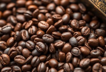 Fototapeta premium pile of coffee beans next to a bottle of coffee