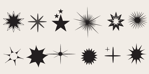 Set of blinking stars, sparks and sparkles. Shining twinkle sunburst shapes collection. Magic light flare pack for design template, poster, banner, brochure, leaflet. Vector glint glitter illustration