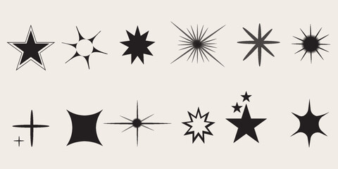 Set of blinking stars, sparks and sparkles. Shining twinkle sunburst shapes collection. Magic light flare pack for design template, poster, banner, brochure, leaflet. Vector glint glitter illustration