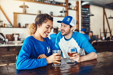 Sports, relax or couple in pub with beer, popcorn or social celebration of competition event together. Talking, game or people in bar for watch party, alcohol drinks or fans at diner for happy hour