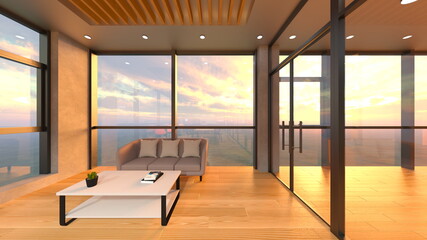 ガラス張りのミーティングルーム　3DCGレンダリング