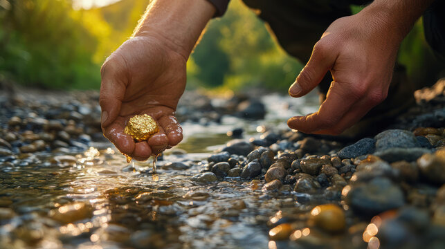 A person holding shiny gold nugget over riverbed with wet stones, capturing excitement of gold prospecting discovery outdoors