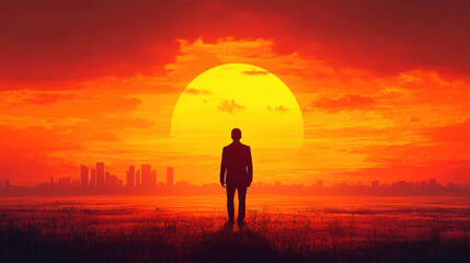 Fototapeta premium A businessman silhouette watching vibrant sunset with large sun and city skyline, evoking calm and reflection in warm orange tones