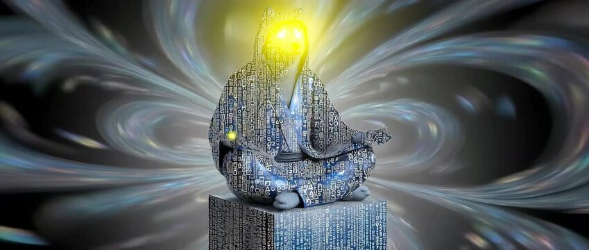 AI Shibu Inu Meme monk in hoodie made of binary code meditates as yellow energy glows from hands, framed by swirling iridescent vortex, blending tech and spirituality.