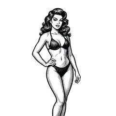 Vintage Retro Woman in bikini Illustration - Black and White Line Art, drawn in an engraved, woodcut style with fine details sketch engraving vector illustration. Scratch board imitation.