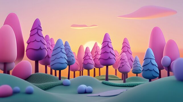 Pastel Pink Purple Blue Cartoon Forest Sunset Landscape Illustration Digital Art Cute Nature Scene Adorable 3D Render Sweet Dreamy Background Peaceful Magical Artistic Design soft 
