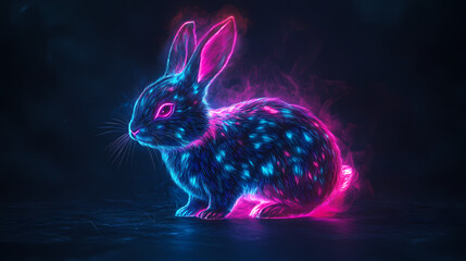 Glowing neon bunny, dark background, fantasy art, digital wallpaper. [Neon Beasts] | Brightclaw Hunter | sharp shimmer. Illustration