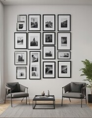 Minimalist living room, gallery wall of empty black frames, mockup ,  decor,  elegant
