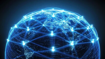 3D-rendered globe with bright blue network links connecting major cities, symbolizing worldwide internet connectivity, digital communication, and global business, isolated on dark gradient background.