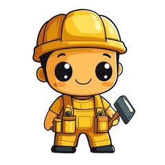 Fototapeta premium Charming kawaii chibi construction worker with a hammer in bright yellow attire showcasing a playful and cute design