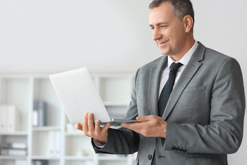 Portrait of handsome mature businessman with modern laptop in office