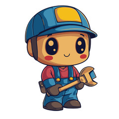 Cute kawaii chibi plumber character icon holding a wrench in a cheerful pose with a blue cap and overalls