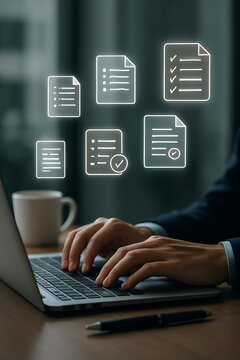 Business Professional Using Laptop with Task Management Icons &ndash; Productivity and Workflow Concept