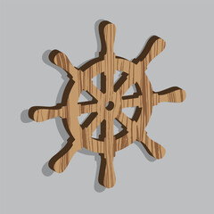 A vector illustration of a classic wooden ship steering wheel with eight handles and a textured wood grain finish, casting a soft shadow on a grey background. It symbolizes navigation, maritime travel