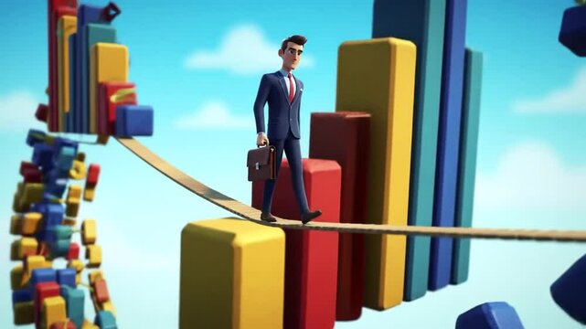 Walking Tightrope Between Graphs Animated Stock Footage