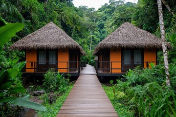 Wooden walkway leading to eco-lodges nestled in lush rainforest promoting sustainable tourism