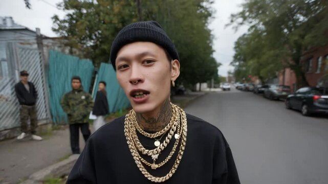 Rapper young man rapping on a street