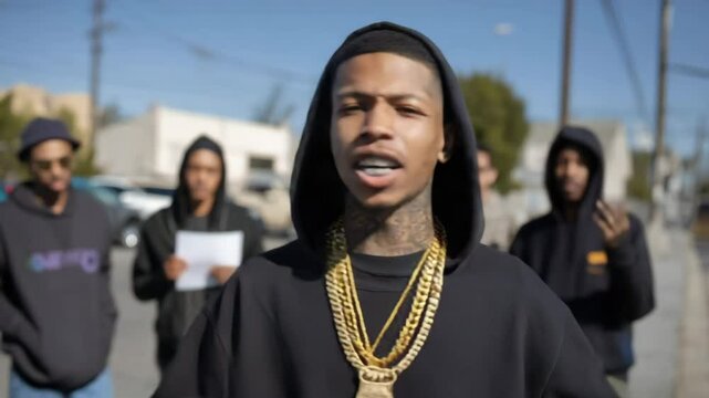 Rapper young man rapping on a street