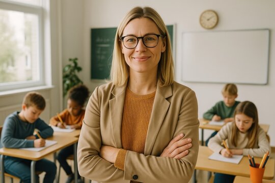 Confident teacher in classroom smiling.