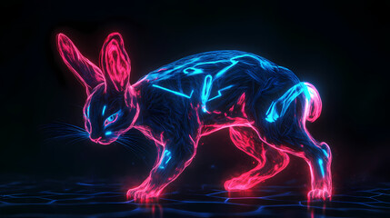 Obraz premium Glowing neon bunny, dark background, fantasy art, digital wallpaper. [Neon Beasts] | Burnline Panther | tracer beast. Illustration