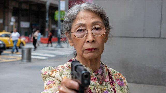 Elderly grandma woman holding a gun on a street