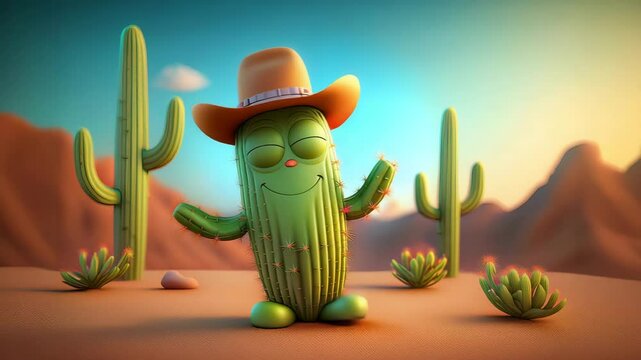 Cute Cartoon Saguaro Cactus Wearing a Cowboy Hat and Dancing in the Desert