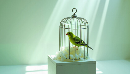 Green bird in cage, celebrating National Pet Day, bright background  