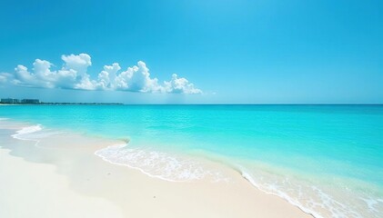 Fototapeta premium Deep teal sea meets white sandy shore under a clear blue sky , clear, day, coast