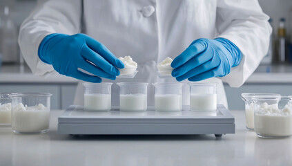 A close-up image of a gloved hand preparing a milk sample on a high-tech electronic platform, surrounded by glass beakers and cups filled with rich, white cream,